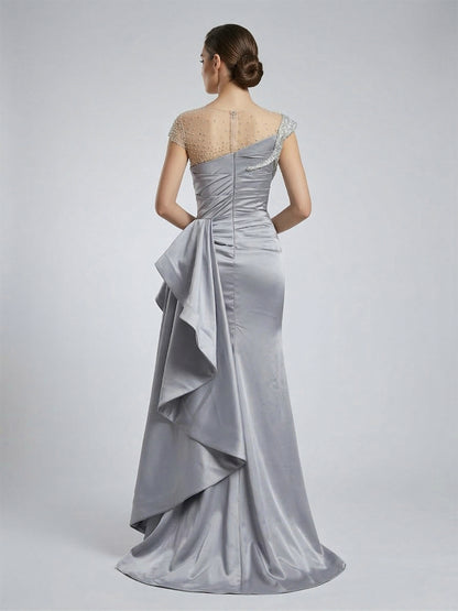 Grey Satin Column Evening Gown with Crystal Beading Bodice & Side Drape MB40453
