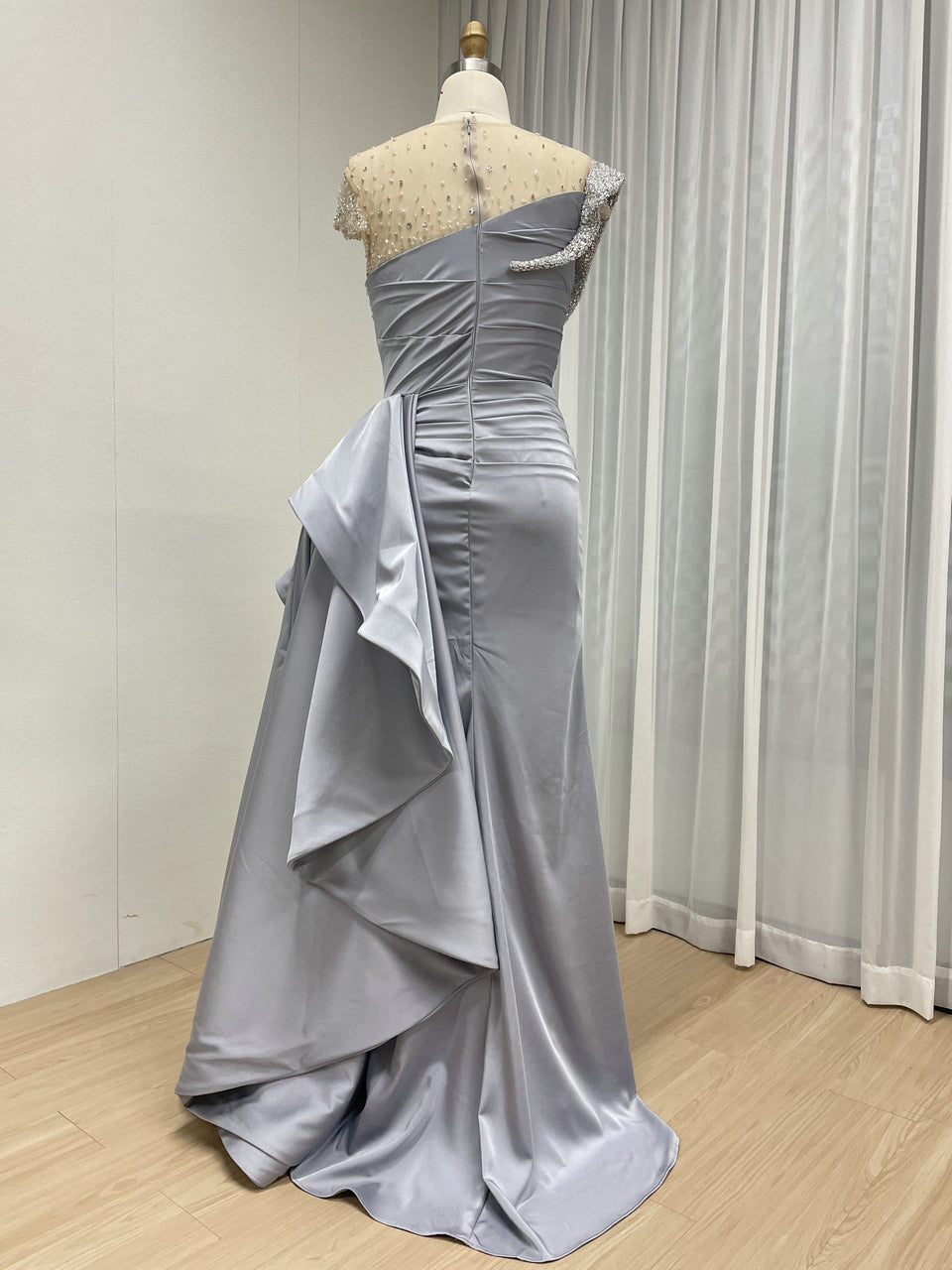 Grey Satin Column Evening Gown with Crystal Beading Bodice & Side Drape MB40453