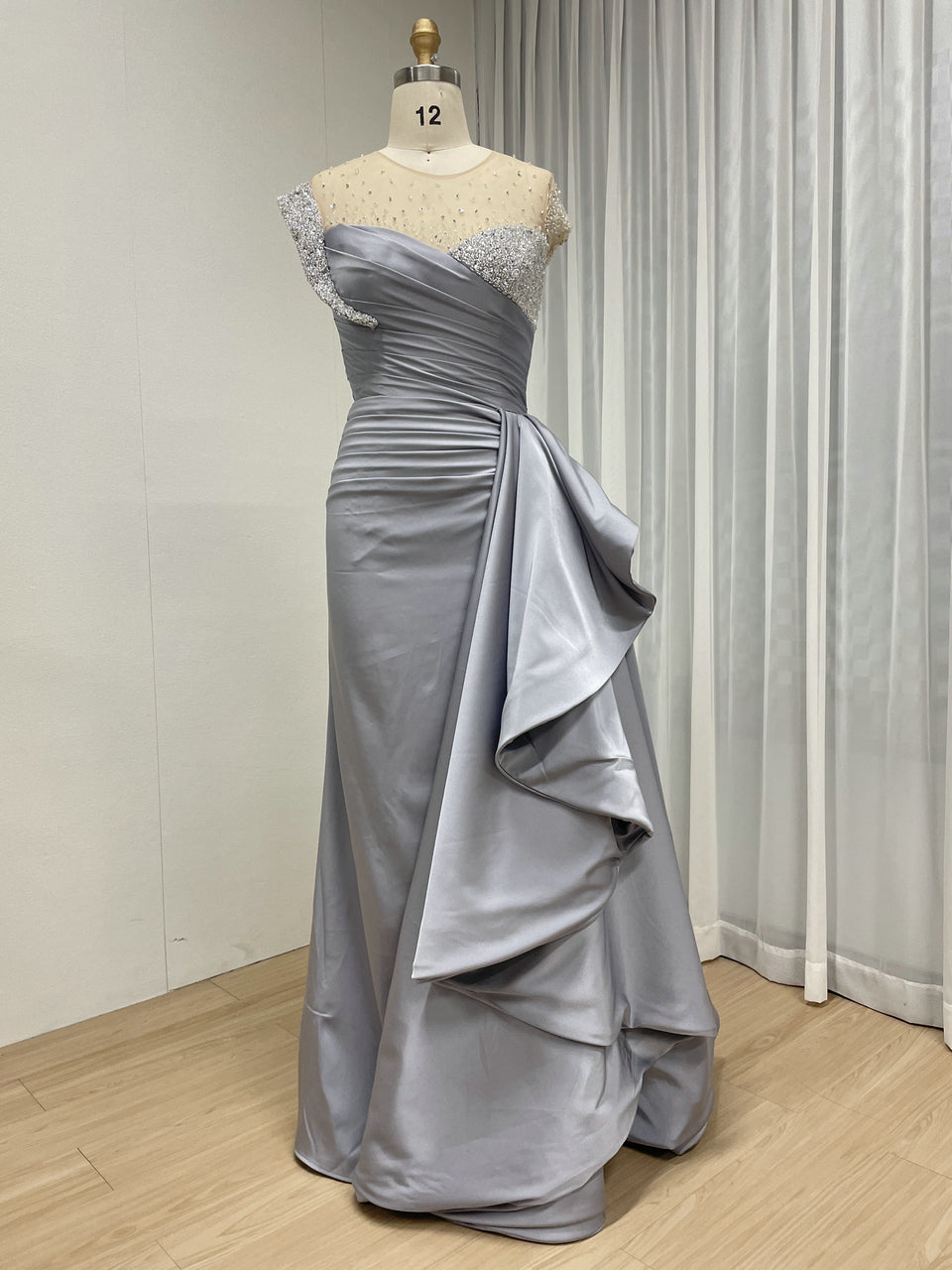 Grey Satin Column Evening Gown with Crystal Beading Bodice & Side Drape MB40453