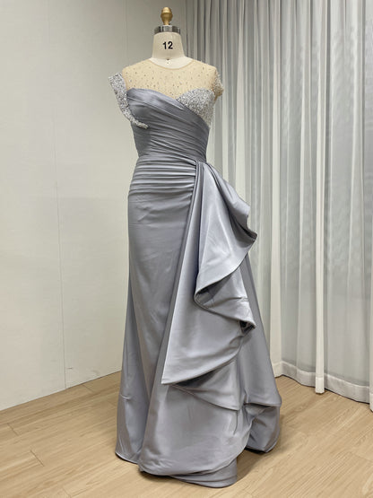 Grey Satin Column Evening Gown with Crystal Beading Bodice & Side Drape MB40453