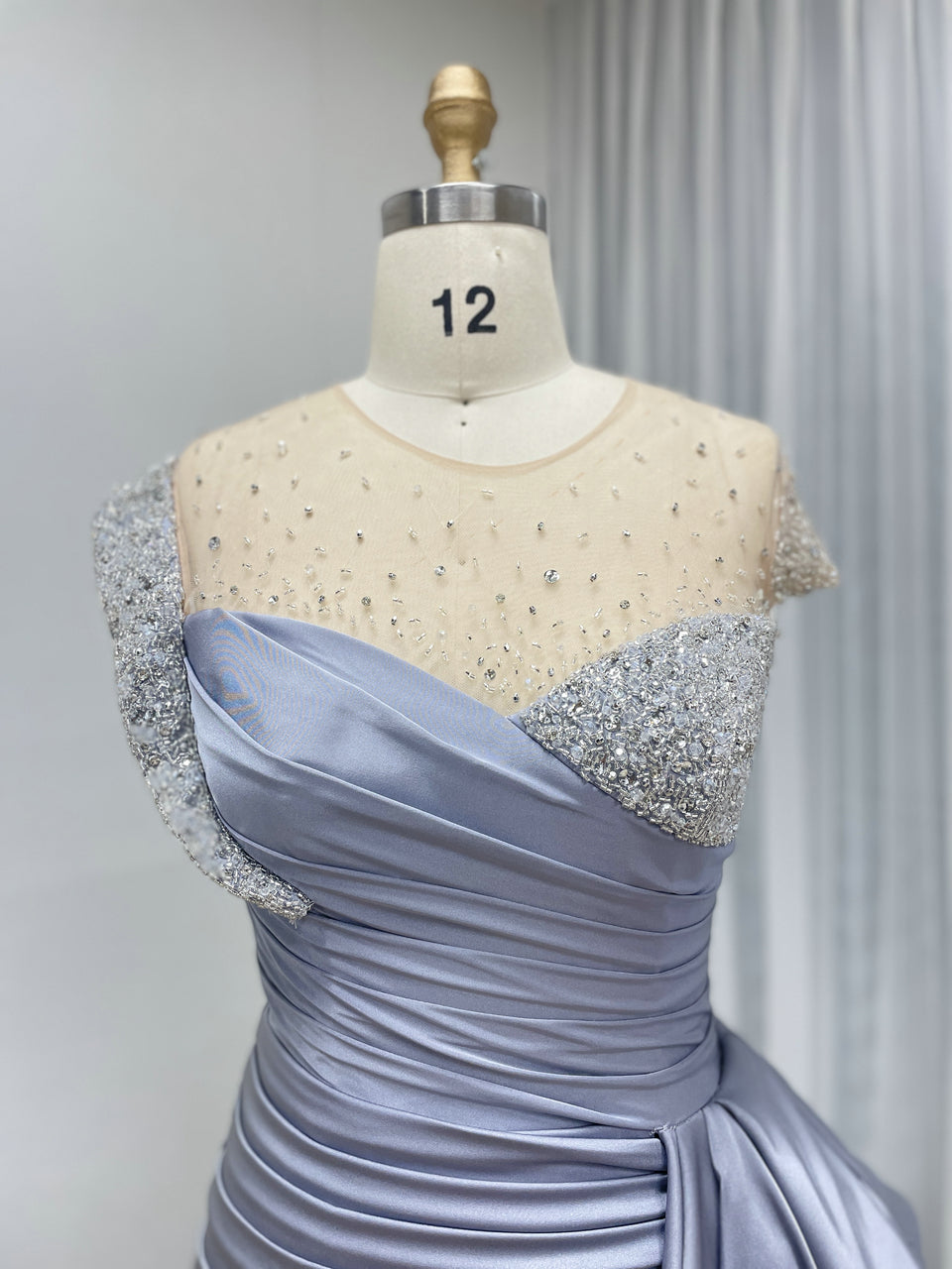 Grey Satin Column Evening Gown with Crystal Beading Bodice & Side Drape MB40453