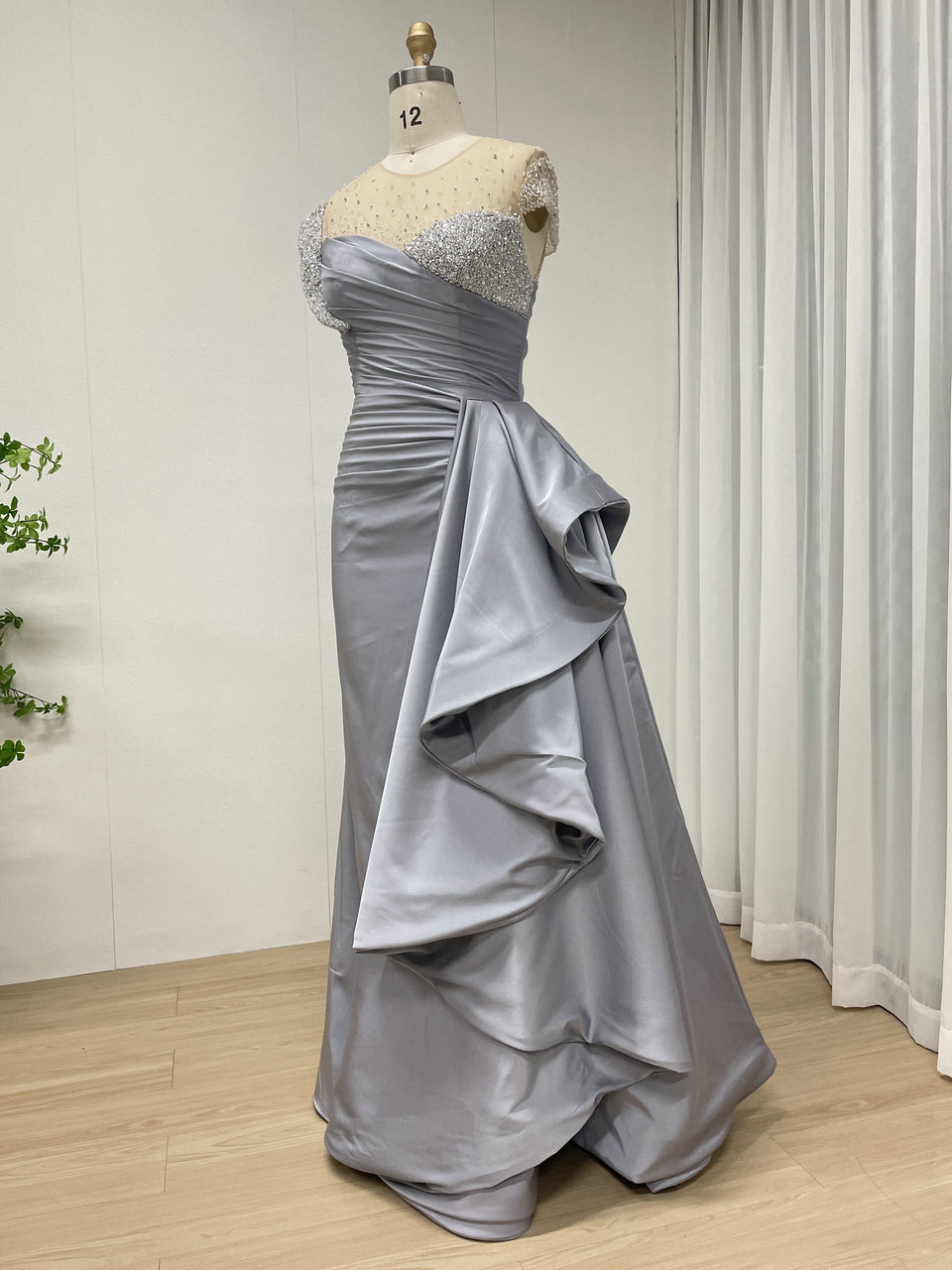 Grey Satin Column Evening Gown with Crystal Beading Bodice & Side Drape MB40453