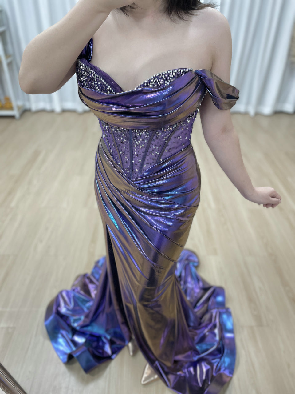 Iridescent Metallic Purple Off-the-Shoulder Corset Prom Dress with High Slit MB40454