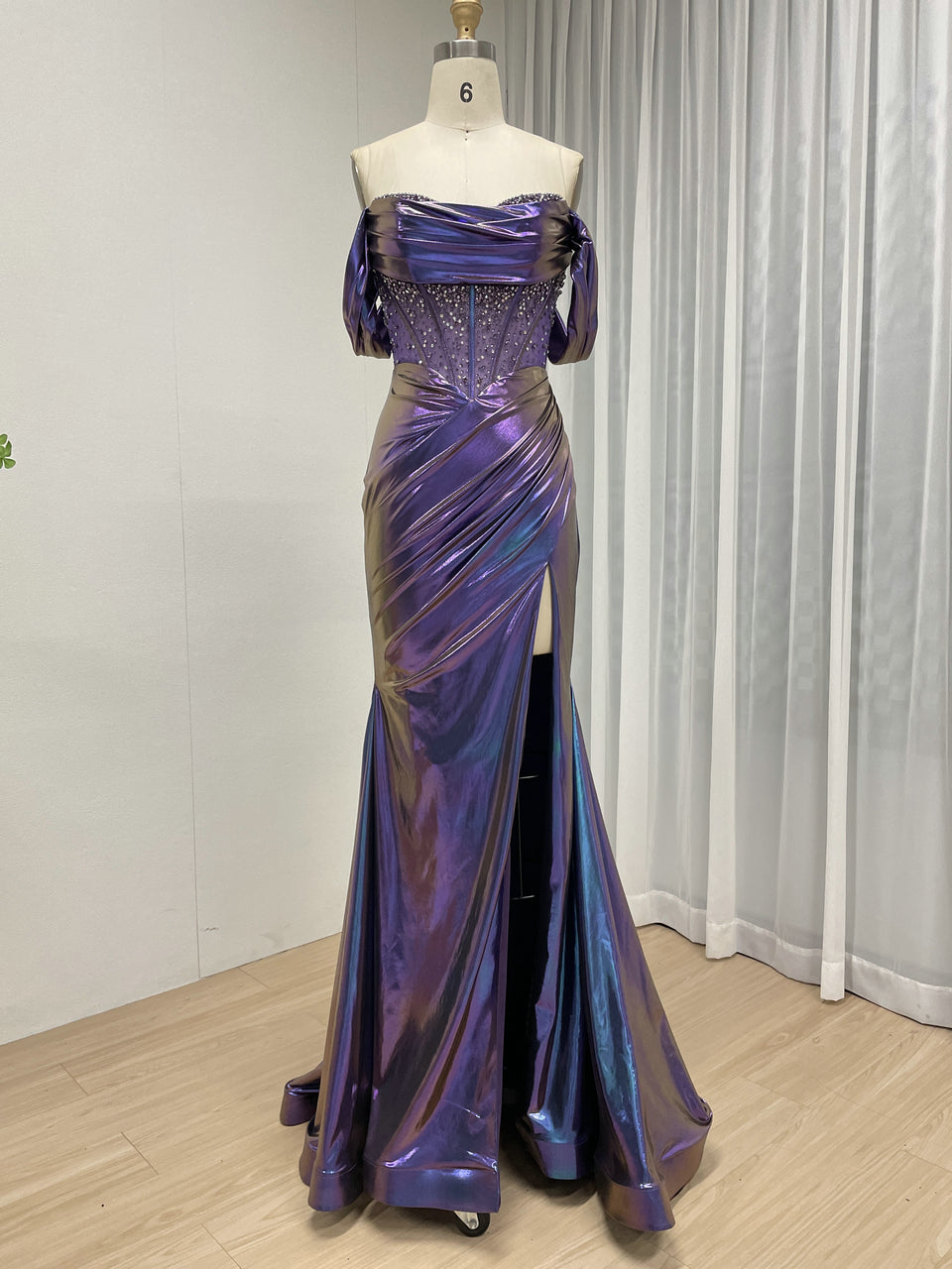 Iridescent Metallic Purple Off-the-Shoulder Corset Prom Dress with High Slit MB40454