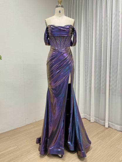 Iridescent Metallic Purple Off-the-Shoulder Corset Prom Dress with High Slit MB40454