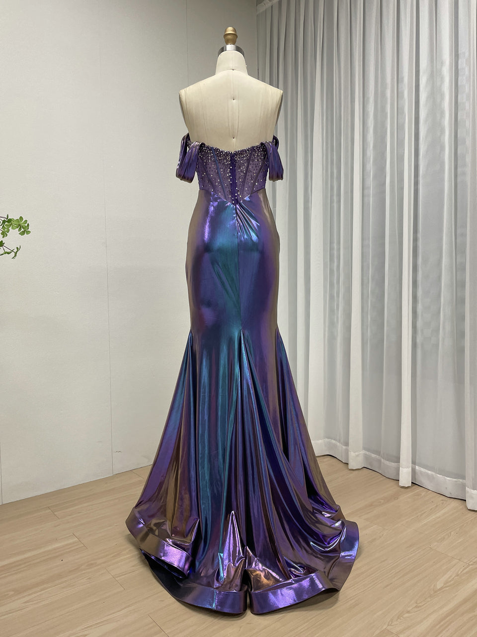 Iridescent Metallic Purple Off-the-Shoulder Corset Prom Dress with High Slit MB40454