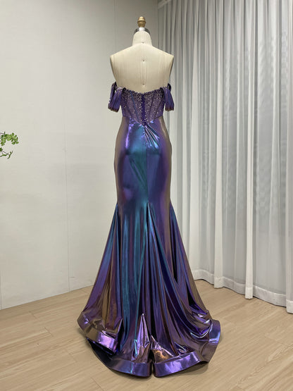 Iridescent Metallic Purple Off-the-Shoulder Corset Prom Dress with High Slit MB40454