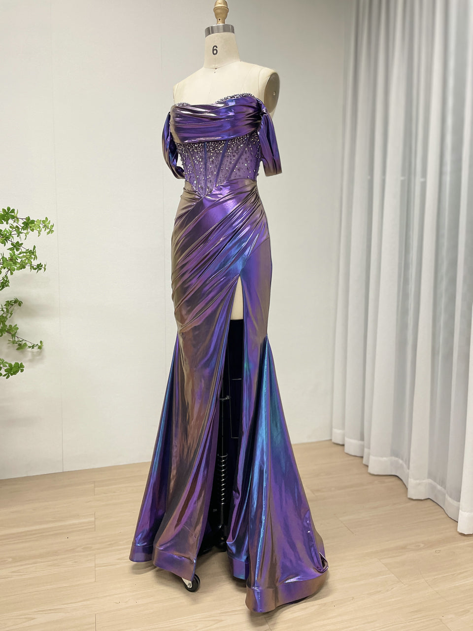 Iridescent Metallic Purple Off-the-Shoulder Corset Prom Dress with High Slit MB40454