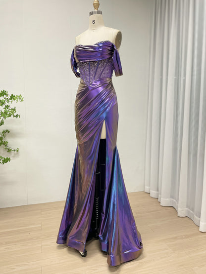 Iridescent Metallic Purple Off-the-Shoulder Corset Prom Dress with High Slit MB40454
