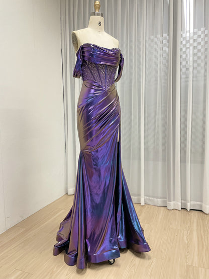 Iridescent Metallic Purple Off-the-Shoulder Corset Prom Dress with High Slit MB40454
