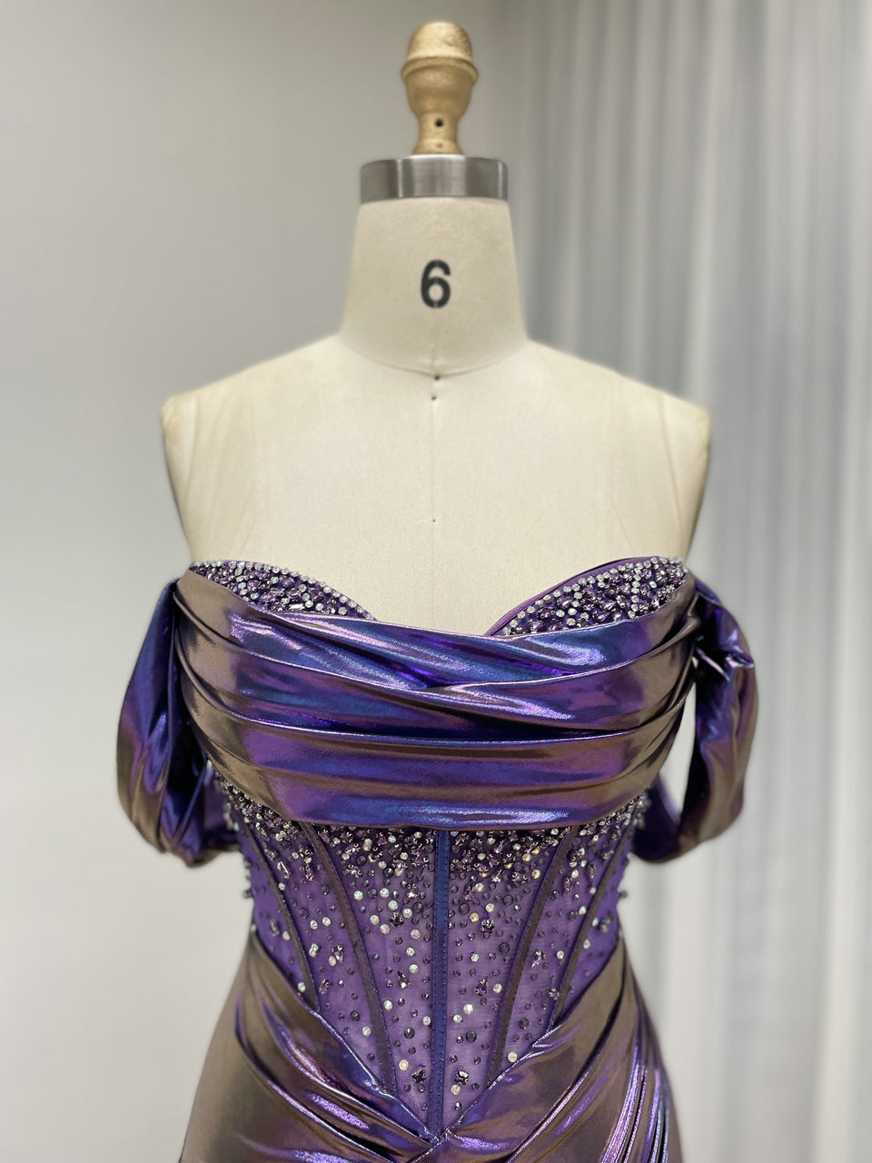 Iridescent Metallic Purple Off-the-Shoulder Corset Prom Dress with High Slit MB40454