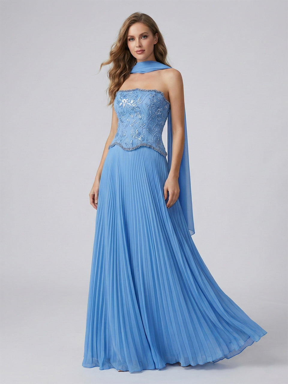Cornflower Blue Pleated Evening Gown – Beaded Corset Bodice & Basque Waist MB40455