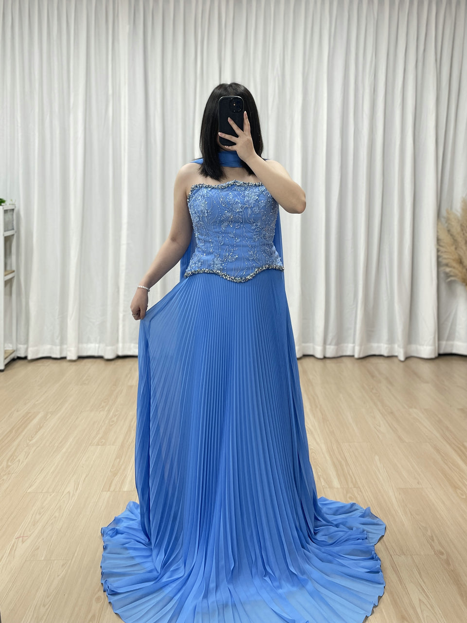 Cornflower Blue Pleated Evening Gown – Beaded Corset Bodice & Basque Waist MB40455