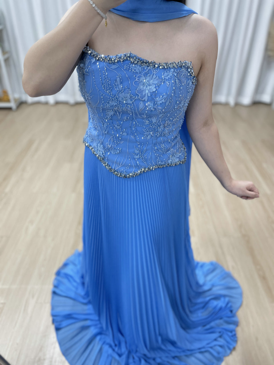 Cornflower Blue Pleated Evening Gown – Beaded Corset Bodice & Basque Waist MB40455