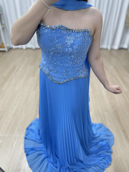 Cornflower Blue Pleated Evening Gown – Beaded Corset Bodice & Basque Waist MB40455