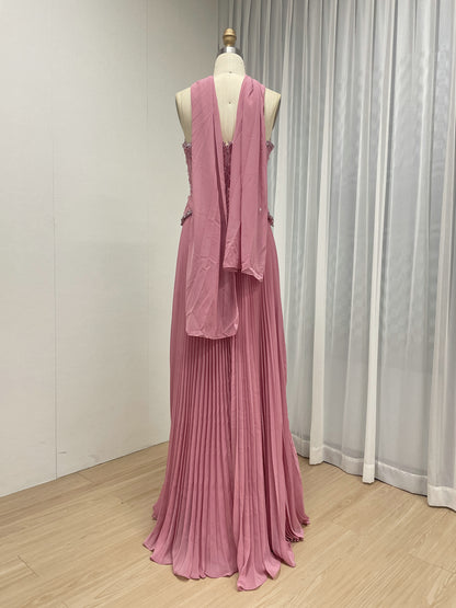 Cornflower Blue Pleated Evening Gown – Beaded Corset Bodice & Basque Waist MB40455