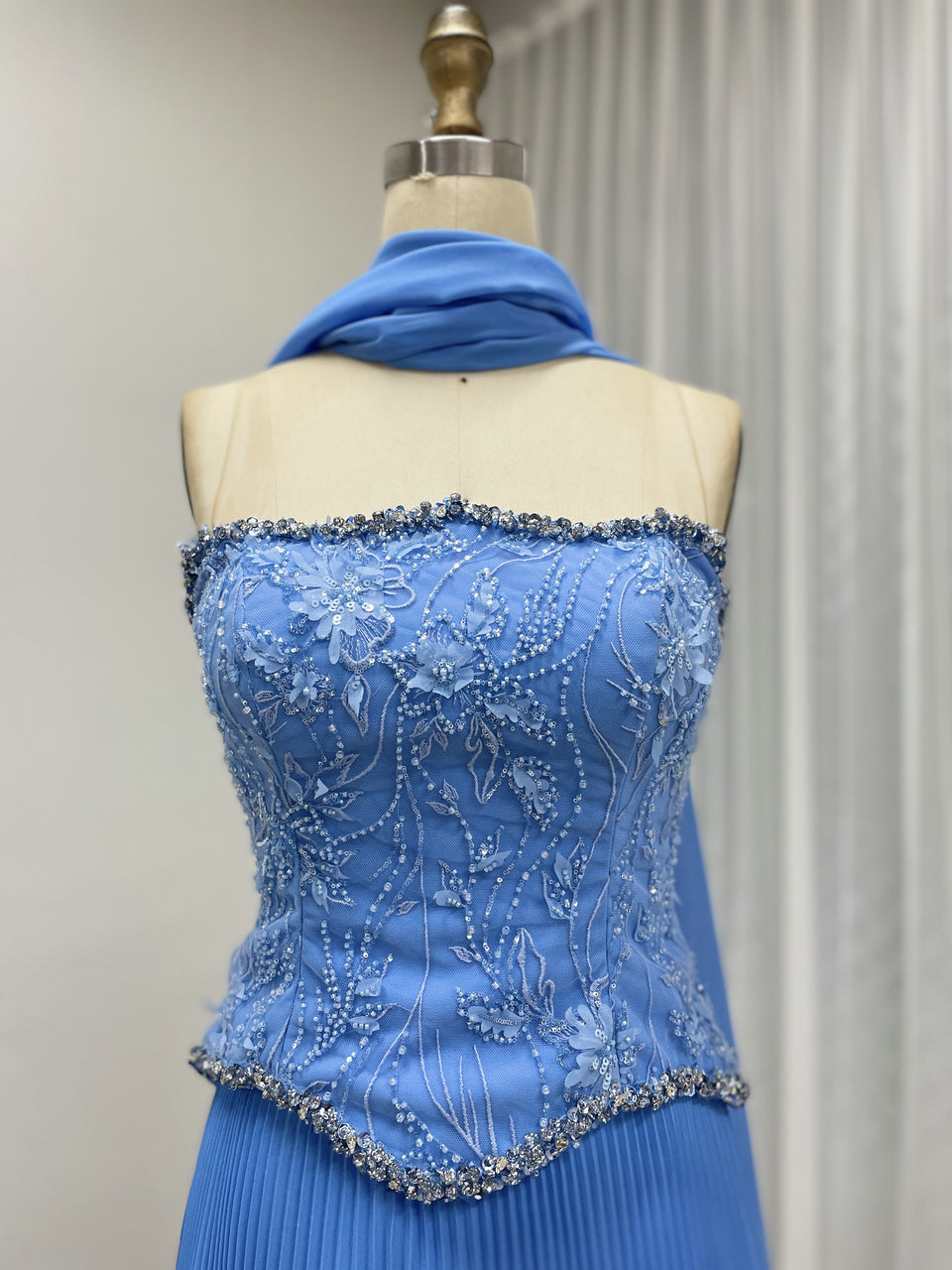 Cornflower Blue Pleated Evening Gown – Beaded Corset Bodice & Basque Waist MB40455