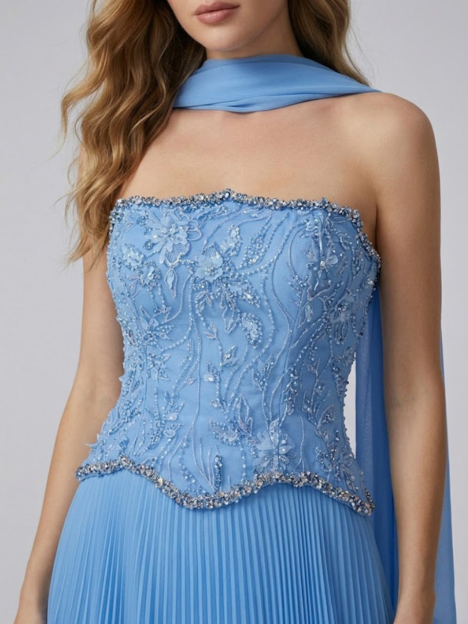 Cornflower Blue Pleated Evening Gown – Beaded Corset Bodice & Basque Waist MB40455