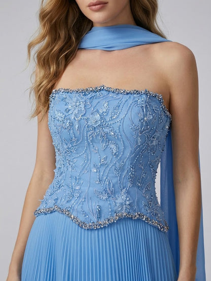 Cornflower Blue Pleated Evening Gown – Beaded Corset Bodice & Basque Waist MB40455
