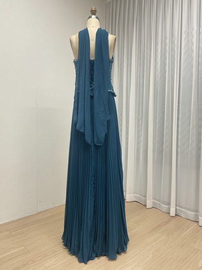 Cornflower Blue Pleated Evening Gown – Beaded Corset Bodice & Basque Waist MB40455