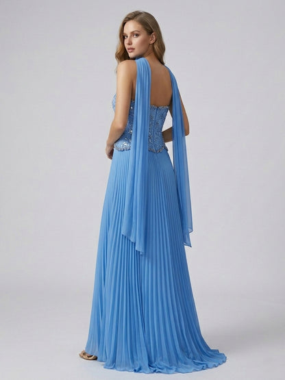Cornflower Blue Pleated Evening Gown – Beaded Corset Bodice & Basque Waist MB40455