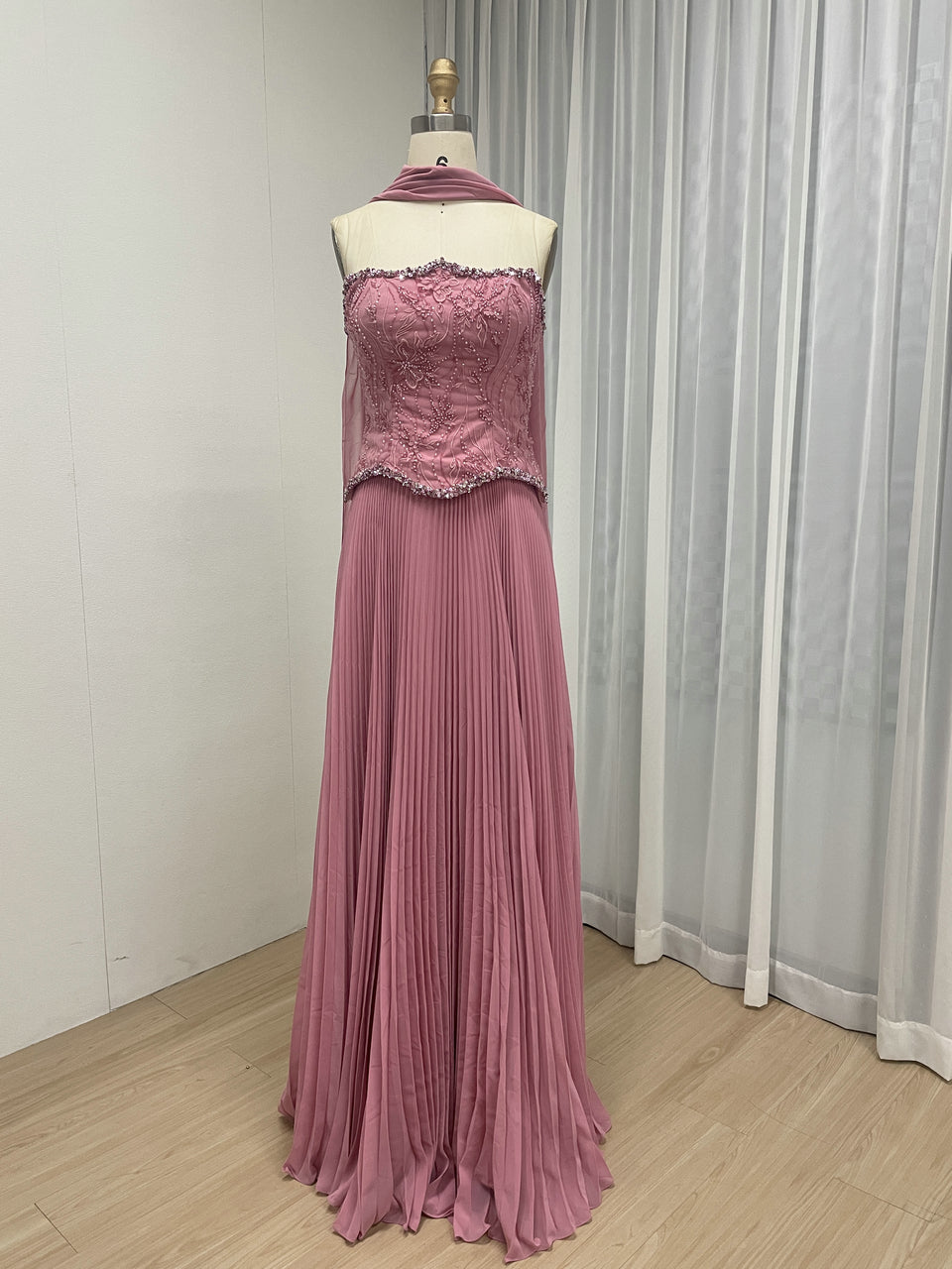 Cornflower Blue Pleated Evening Gown – Beaded Corset Bodice & Basque Waist MB40455