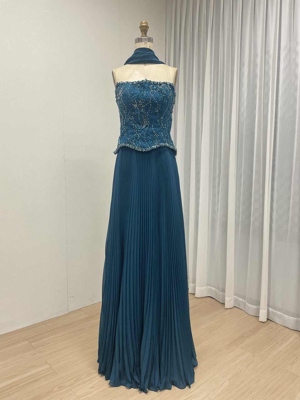 Cornflower Blue Pleated Evening Gown – Beaded Corset Bodice & Basque Waist MB40455