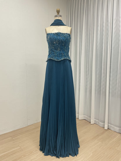 Cornflower Blue Pleated Evening Gown – Beaded Corset Bodice & Basque Waist MB40455