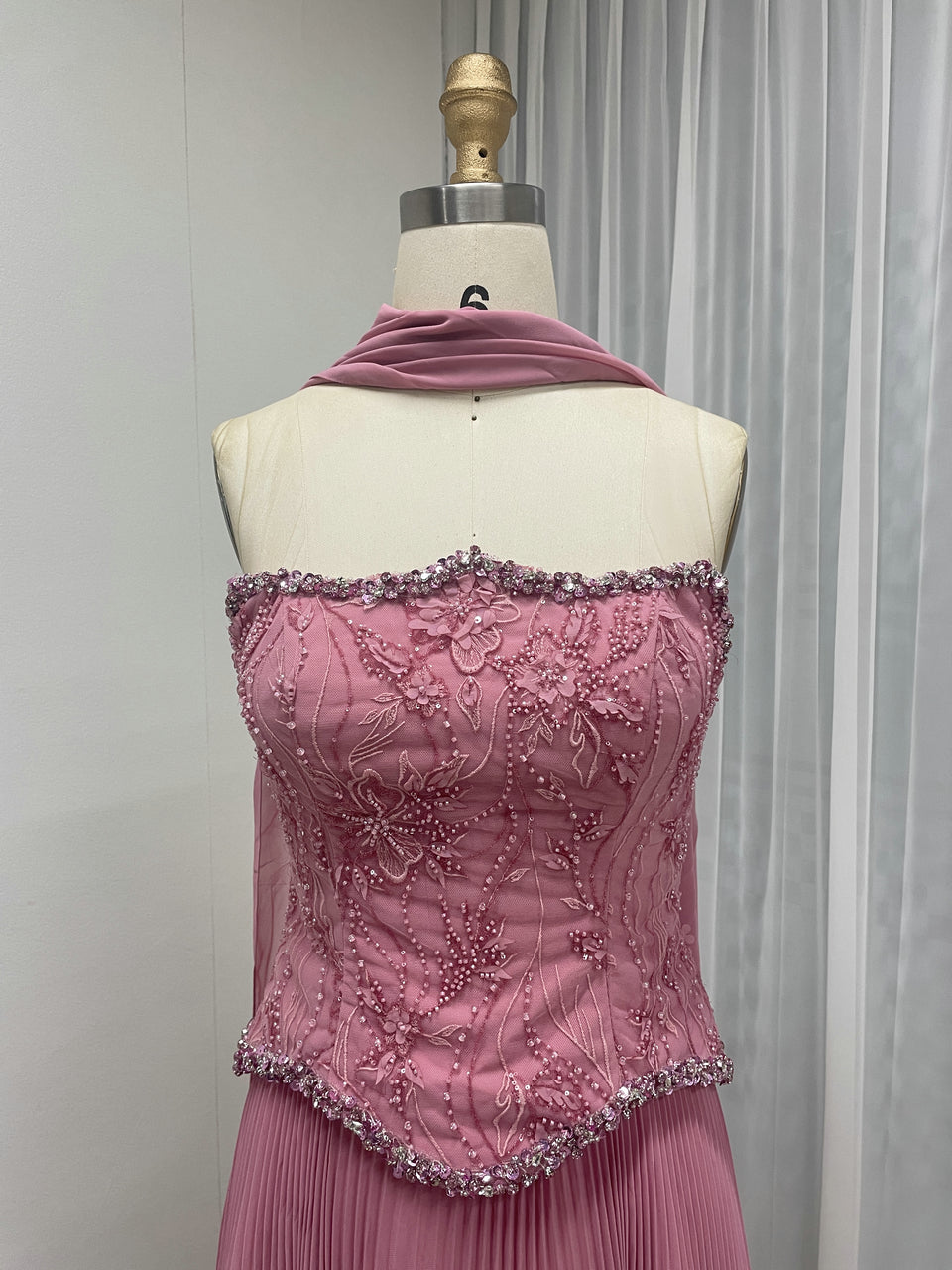 Cornflower Blue Pleated Evening Gown – Beaded Corset Bodice & Basque Waist MB40455