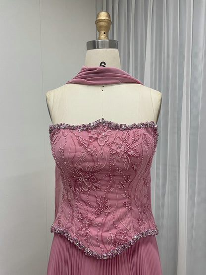 Cornflower Blue Pleated Evening Gown – Beaded Corset Bodice & Basque Waist MB40455