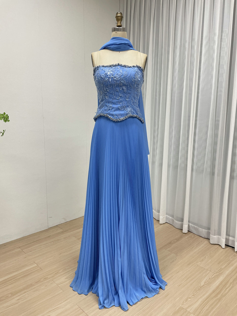 Cornflower Blue Pleated Evening Gown – Beaded Corset Bodice & Basque Waist MB40455