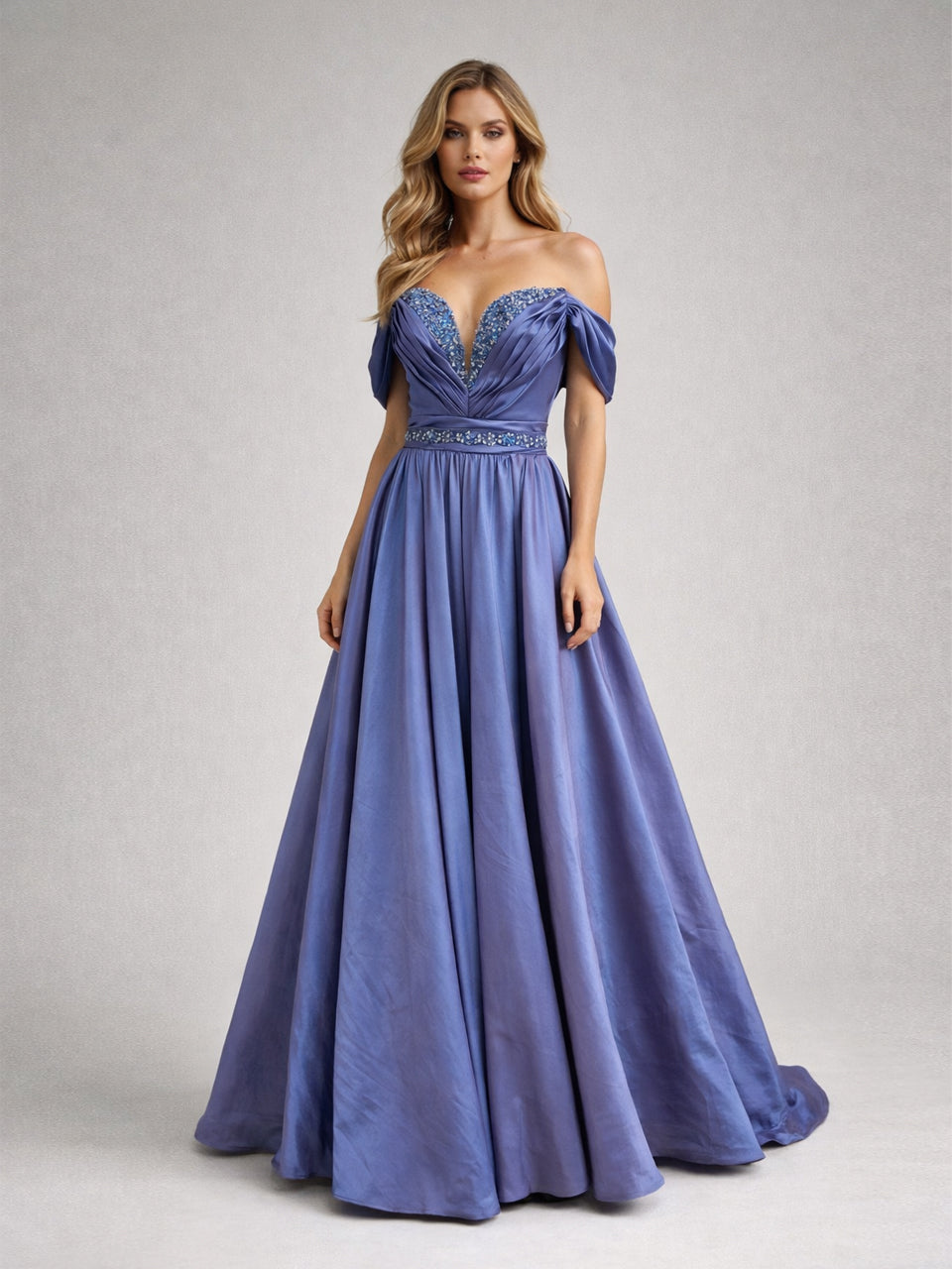 Purple Off-the-Shoulder Beaded Ball Gown - Formal Prom & Quinceañera Dress MB40456