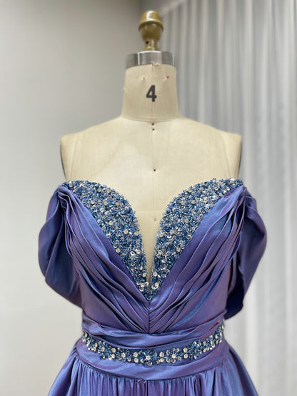 Purple Off-the-Shoulder Beaded Ball Gown - Formal Prom & Quinceañera Dress MB40456
