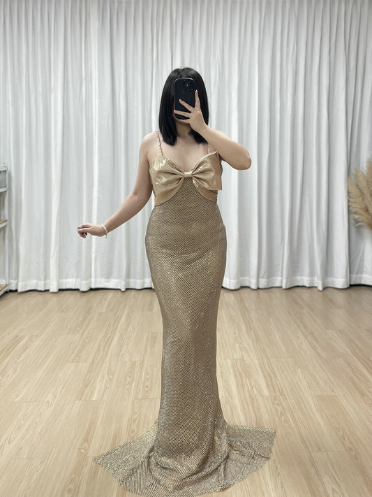 Champagne Mesh Bow Evening Gown - Elegant Prom & Gala Dress MB40457