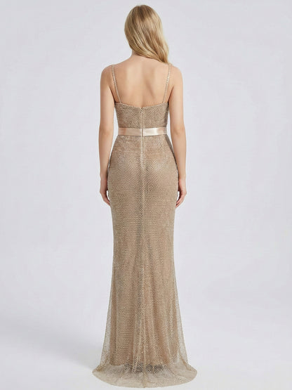 Champagne Mesh Bow Evening Gown - Elegant Prom & Gala Dress MB40457