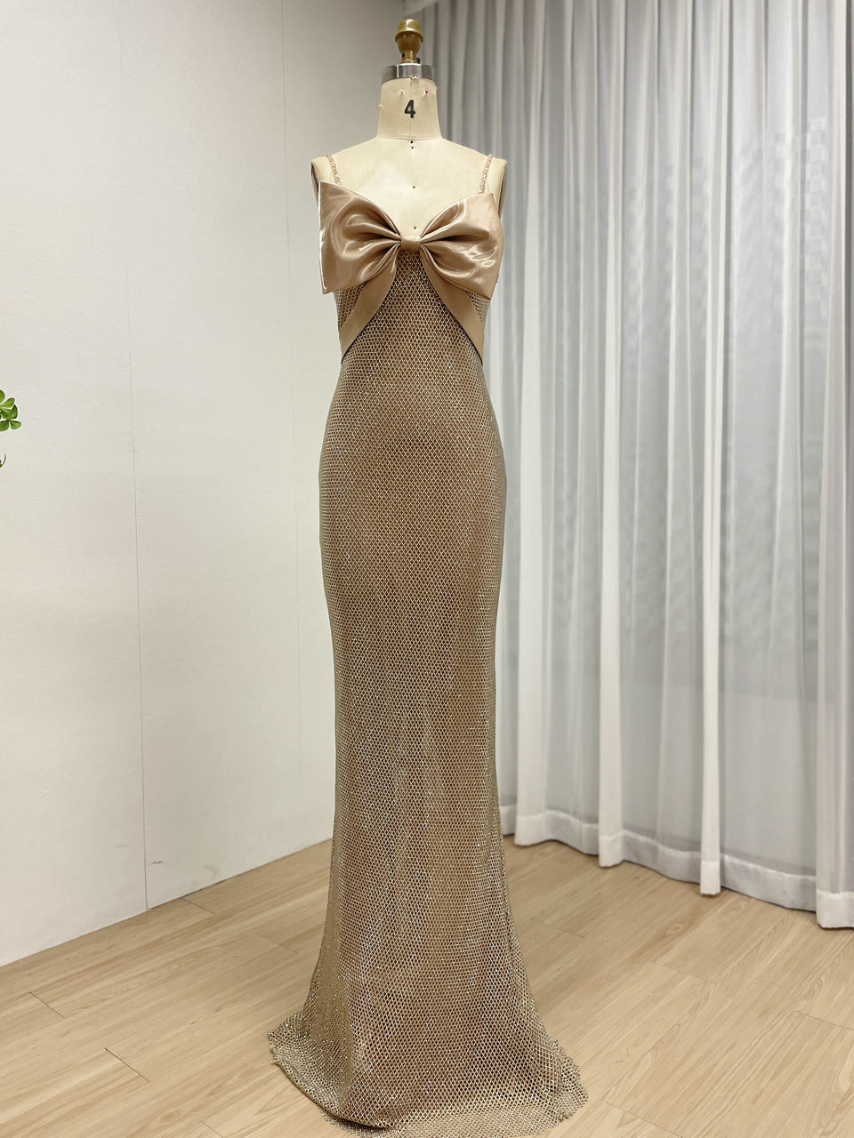 Champagne Mesh Bow Evening Gown - Elegant Prom & Gala Dress MB40457