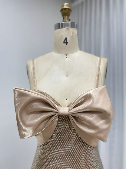 Champagne Mesh Bow Evening Gown - Elegant Prom & Gala Dress MB40457