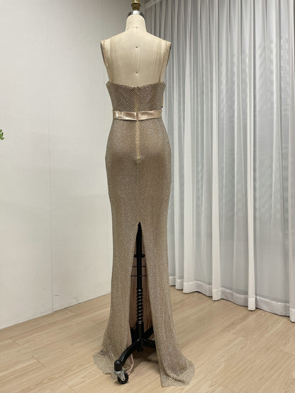 Champagne Mesh Bow Evening Gown - Elegant Prom & Gala Dress MB40457