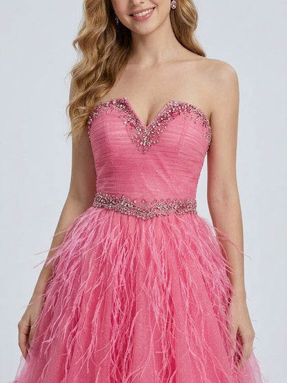 Rose Pink Feather Skirt Prom Dress - Beaded Sweetheart Tulle Ballgown MB40458