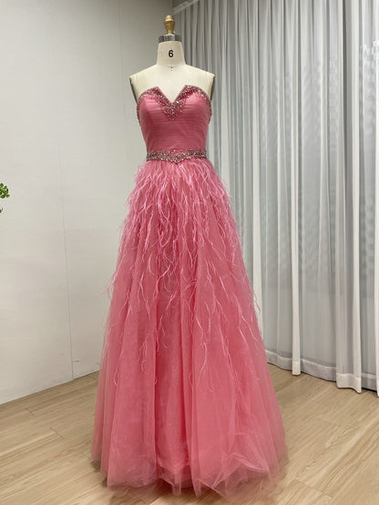 Rose Pink Feather Skirt Prom Dress - Beaded Sweetheart Tulle Ballgown MB40458