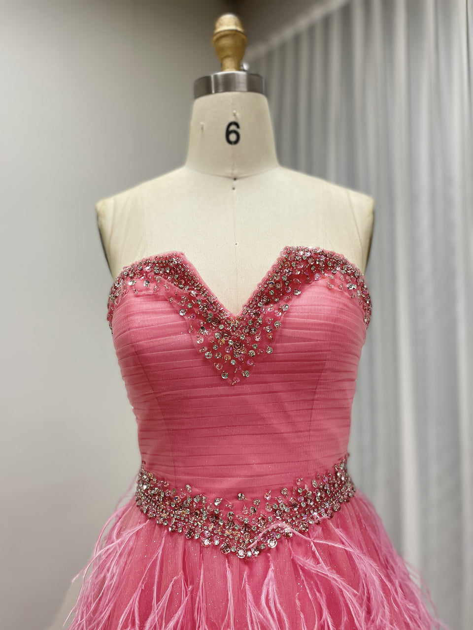 Rose Pink Feather Skirt Prom Dress - Beaded Sweetheart Tulle Ballgown MB40458