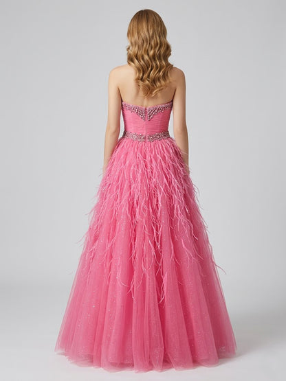 Rose Pink Feather Skirt Prom Dress - Beaded Sweetheart Tulle Ballgown MB40458