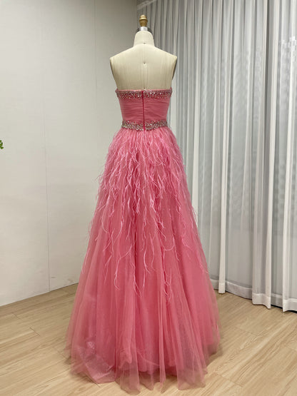 Rose Pink Feather Skirt Prom Dress - Beaded Sweetheart Tulle Ballgown MB40458