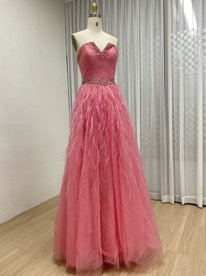 Rose Pink Feather Skirt Prom Dress - Beaded Sweetheart Tulle Ballgown MB40458