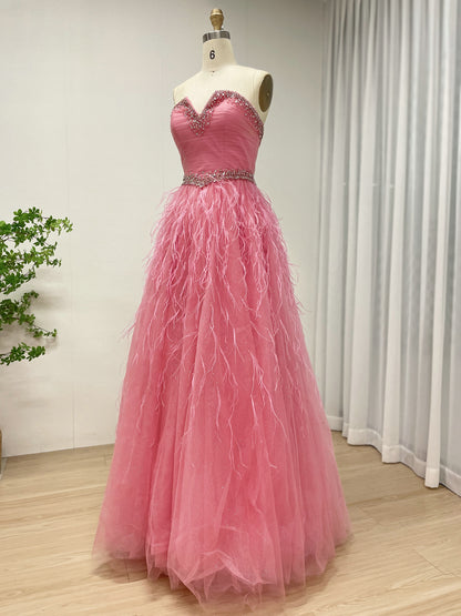 Rose Pink Feather Skirt Prom Dress - Beaded Sweetheart Tulle Ballgown MB40458