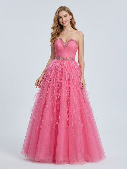 Rose Pink Feather Skirt Prom Dress - Beaded Sweetheart Tulle Ballgown MB40458
