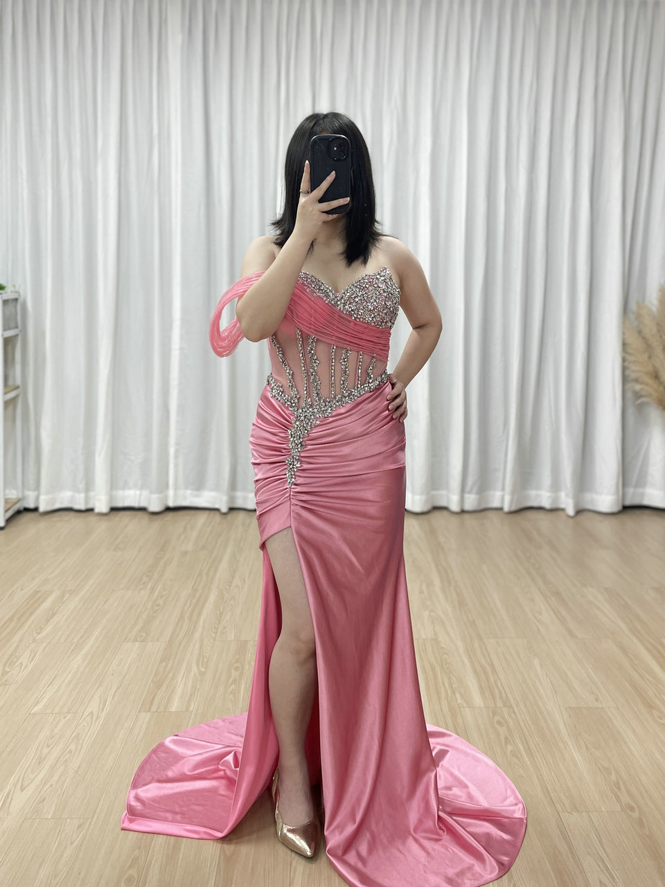 Rose Pink Beaded Corset Evening Gown with High Slit MB40459