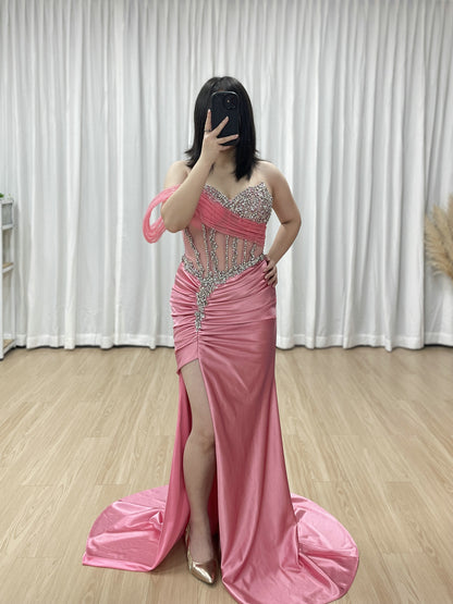 Rose Pink Beaded Corset Evening Gown with High Slit MB40459
