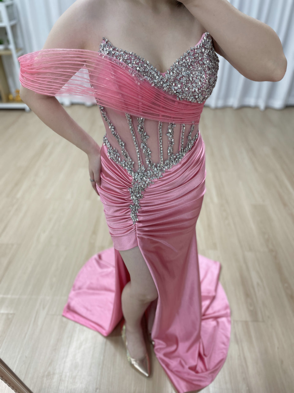 Rose Pink Beaded Corset Evening Gown with High Slit MB40459