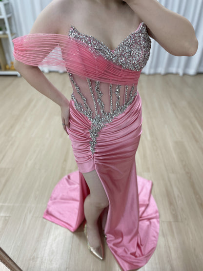 Rose Pink Beaded Corset Evening Gown with High Slit MB40459